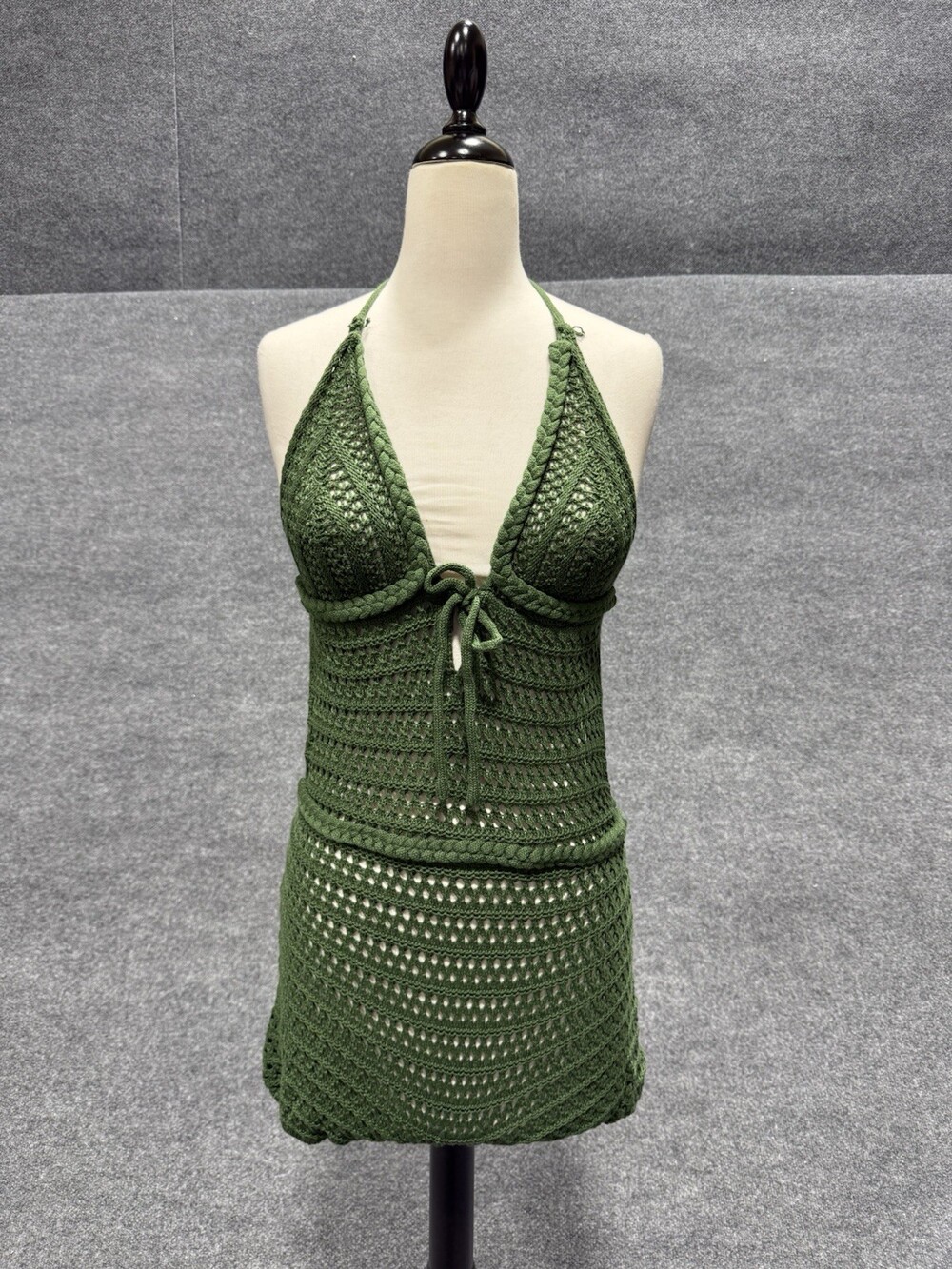 SHEIN Women Green Crochet Halter Mini Dress Open Back Tie Knit Cover Up Size L